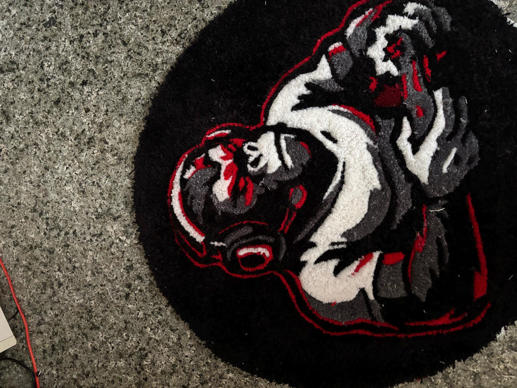 Handmade Gaming Gorilla Rug – Custom Black & Red Gamer Mat – Enhance Your Gaming Lair