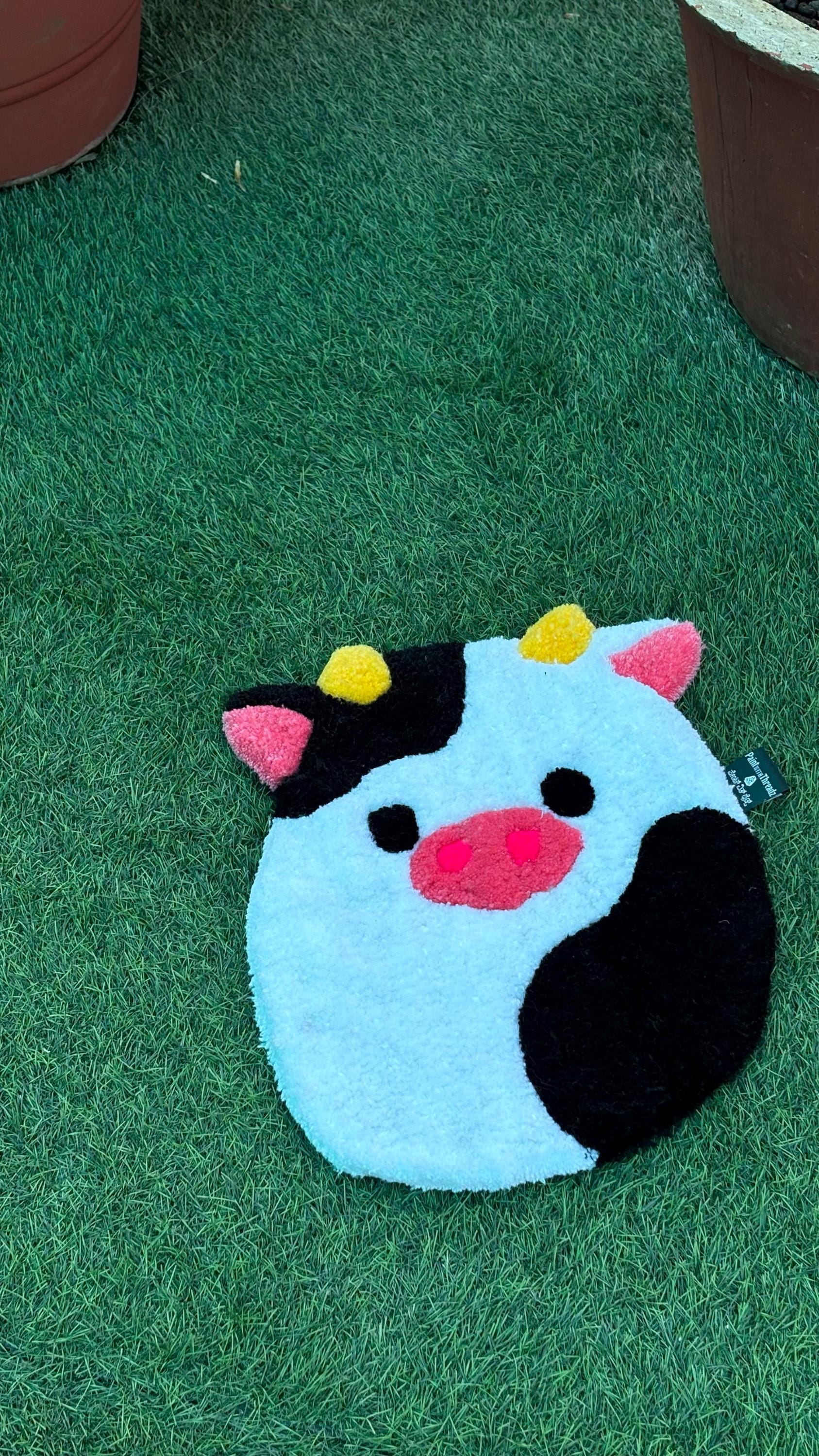 Hand Tufted Cow Face Rug | Custom Animal Rug, Kawaii Decor