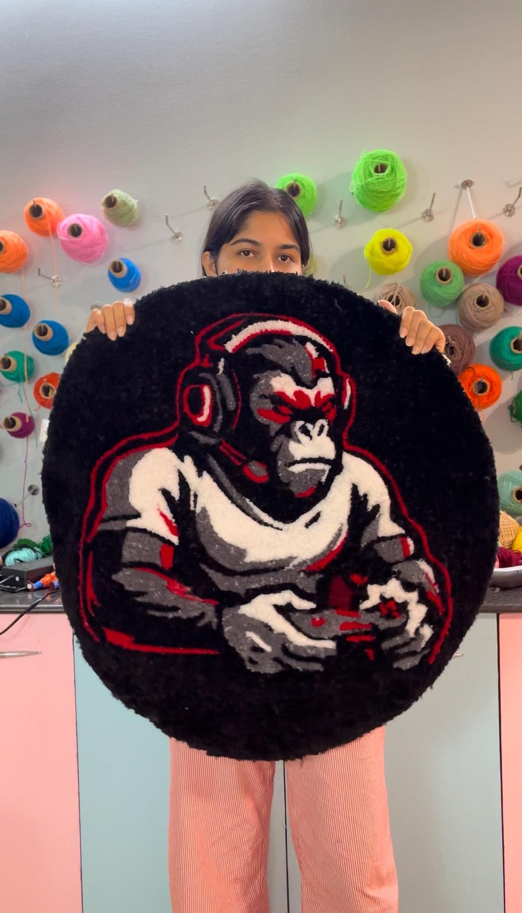 Handmade Gaming Gorilla Rug – Custom Black & Red Gamer Mat – Enhance Your Gaming Lair