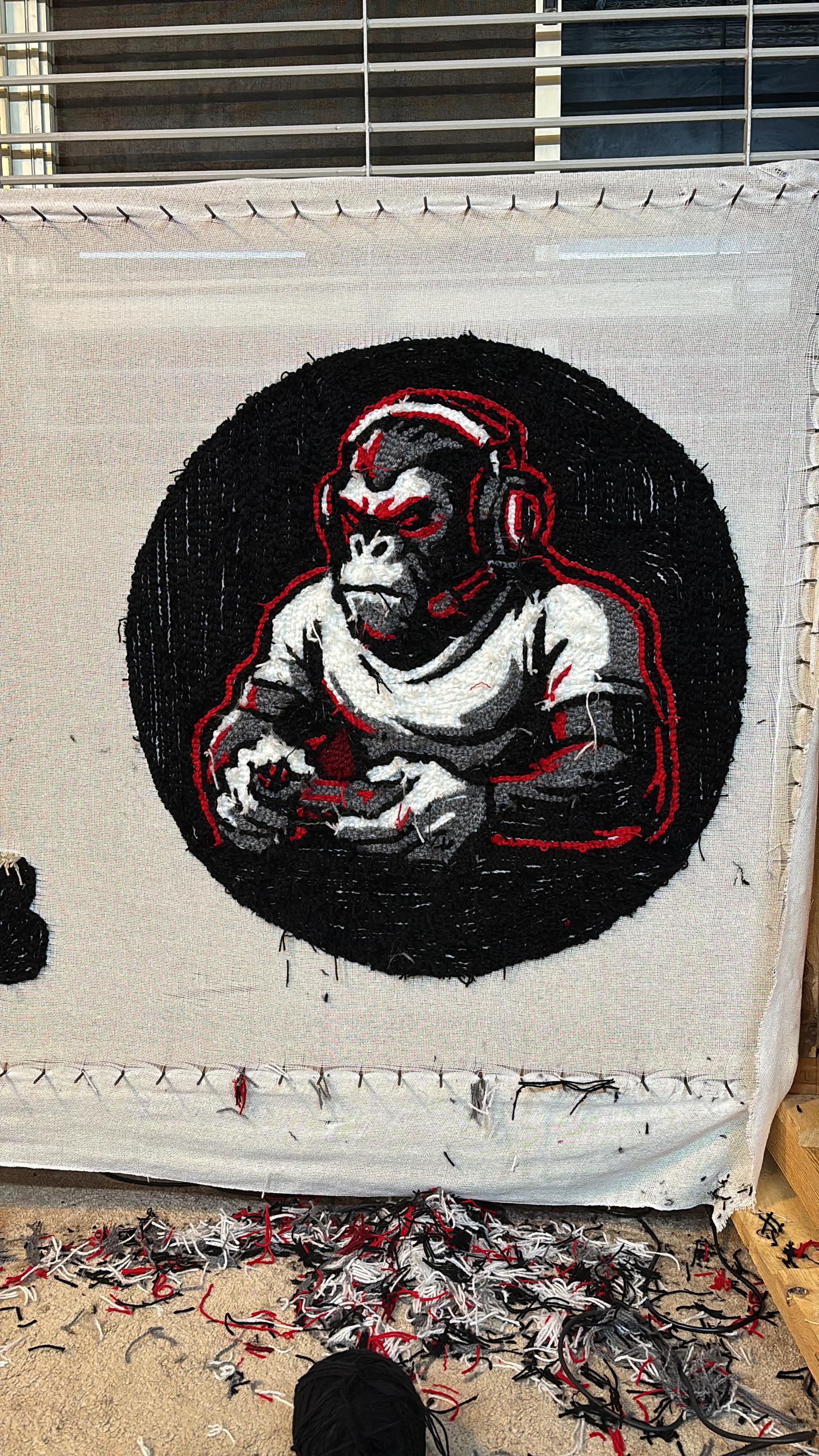 Handmade Gaming Gorilla Rug – Custom Black & Red Gamer Mat – Enhance Your Gaming Lair