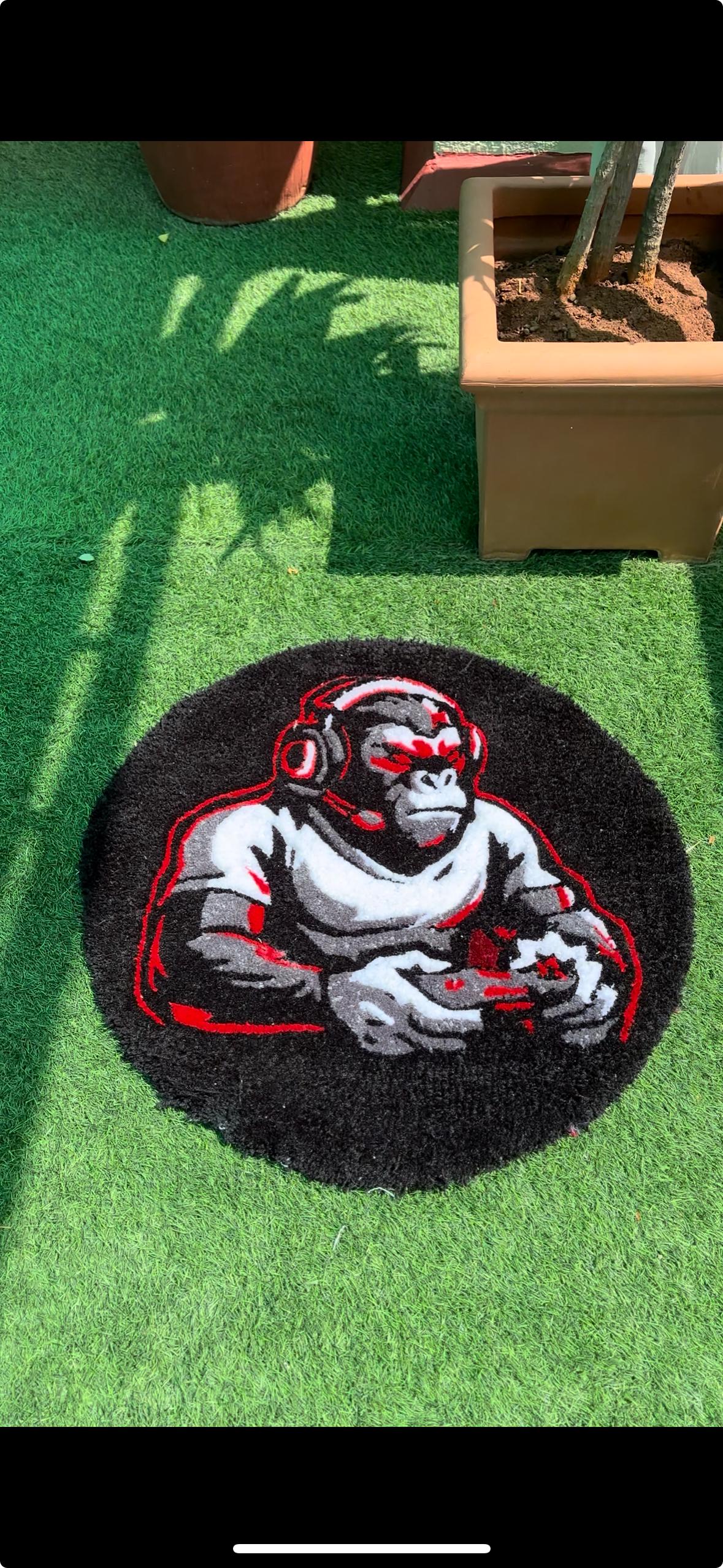 Handmade Gaming Gorilla Rug – Custom Black & Red Gamer Mat – Enhance Your Gaming Lair